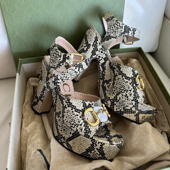 NEW Gucci Beige & Brown Python Horsebit Heeled Sandals Sz 40.5 - Picture 9 of 13